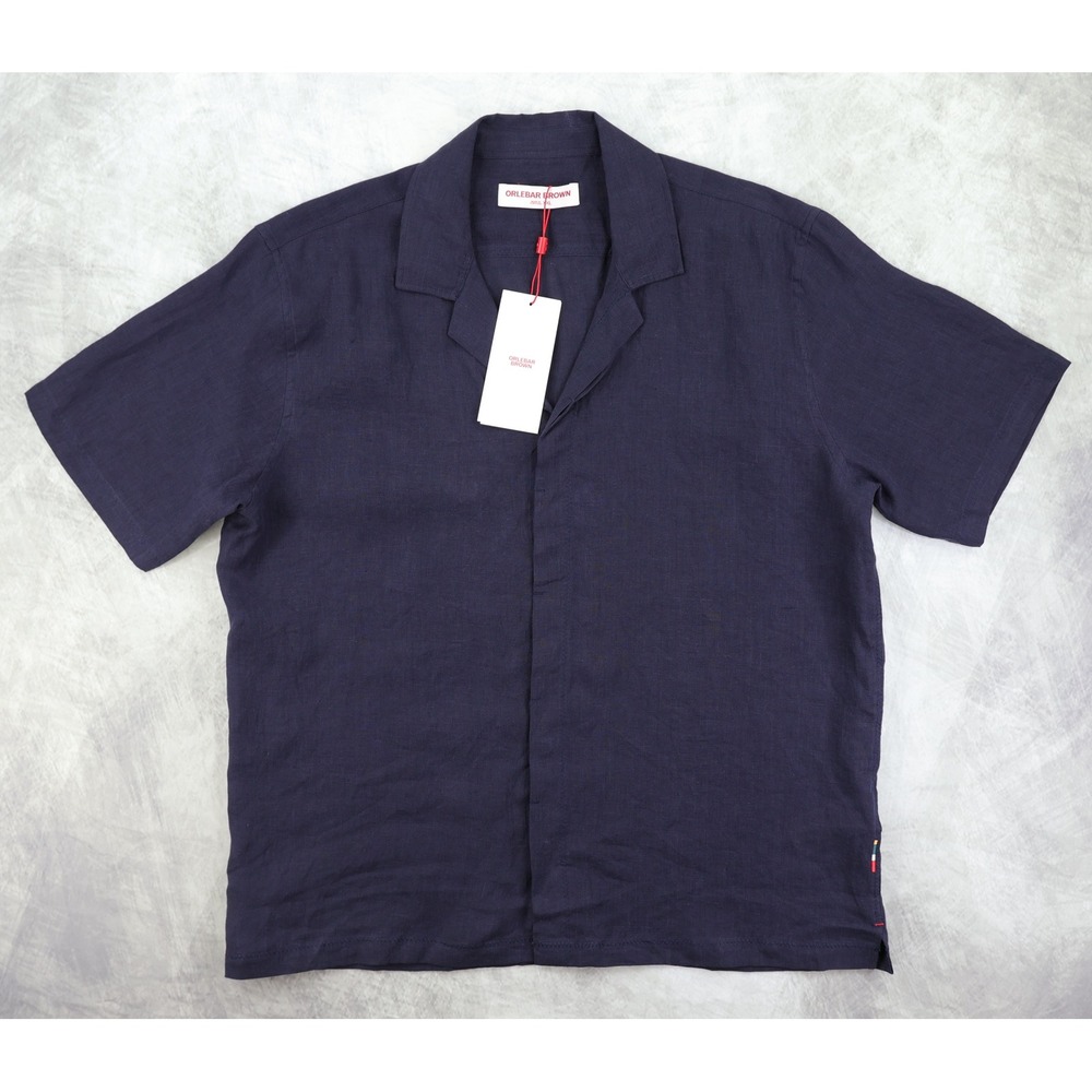 NWT Orlebar Brown Maitan II Linen Shirt Mens XXL Night Iris Navy Blue S/S